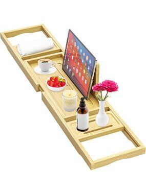 Expandable Bamboo Bathtub Tray - Adjustable Wooden Bath Table for Relaxation